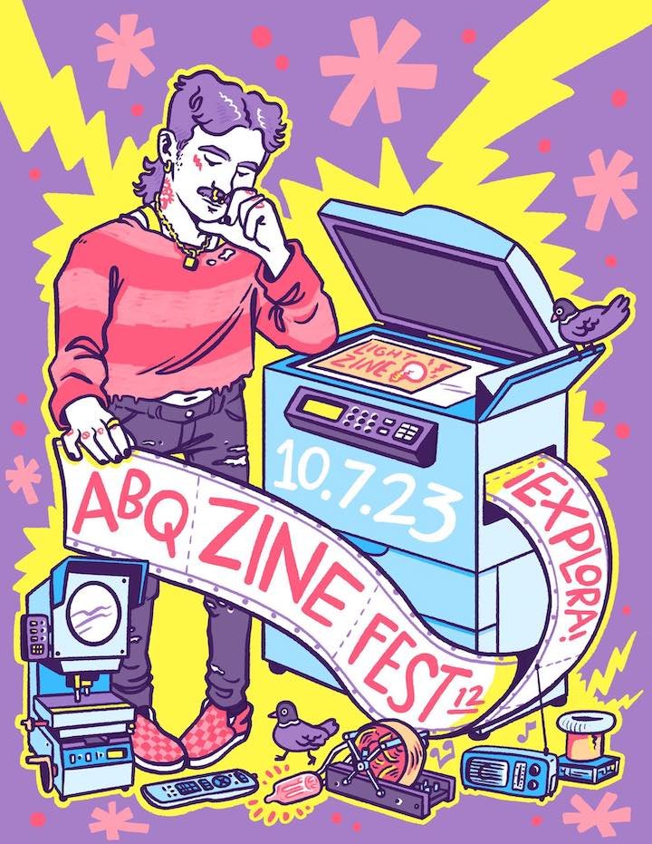 ABQ Zine Fest flyer of retro cartoon man standing at copier