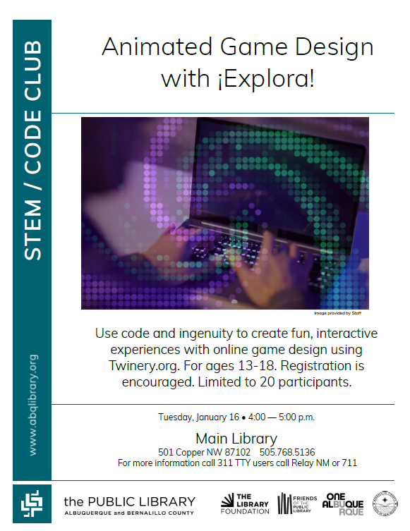 Animated Game Design with Explora t the Main Library , a stem code club class