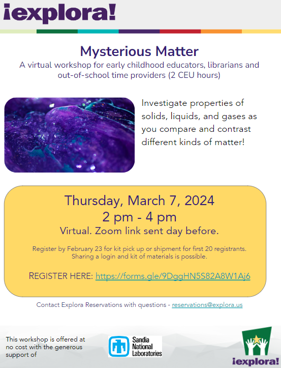 Mysterious Matter, a virtual workshop for early childhood educators, librarians, and out of school time providers