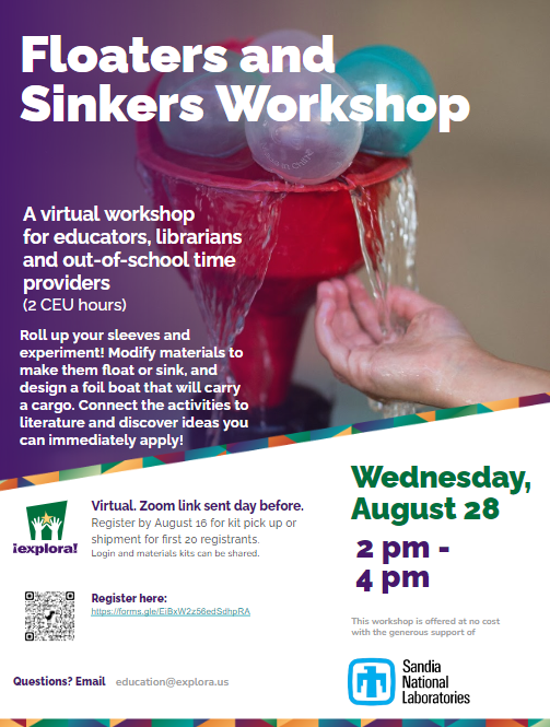 Floaters And Sinkers Workshop. A virtual workshop for educators, librarians and out of school time providers. On Wed Aug 28 from 2pm to 4pm . Use link to register