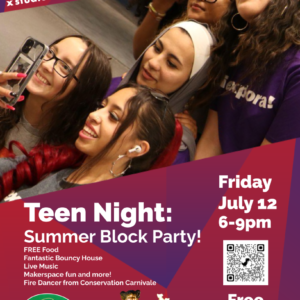 Teen Night FLyer! Teens taking a selfie in the mirror. Friday July 12 from 6-9pm is a Summer Block Party with free food, fantastic bouncy house, live music and a fire dancer. Use the link for free tickets!