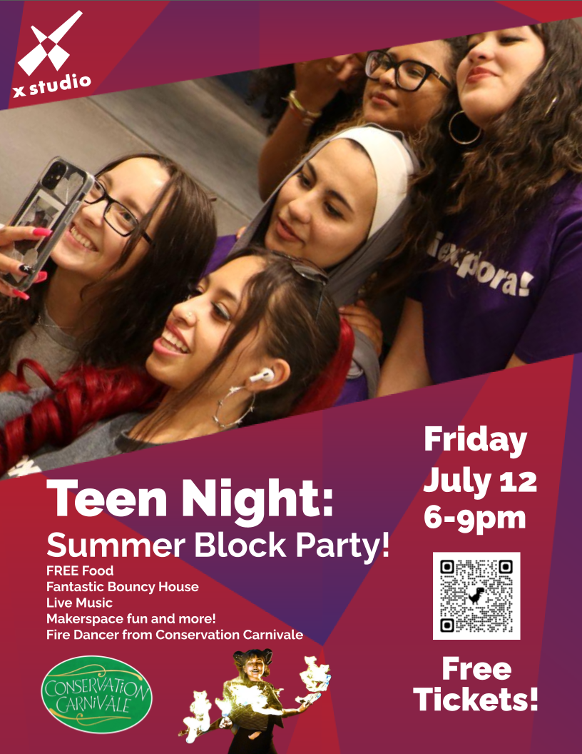 Teen Night FLyer! Teens taking a selfie in the mirror. Friday July 12 from 6-9pm is a Summer Block Party with free food, fantastic bouncy house, live music and a fire dancer. Use the link for free tickets!