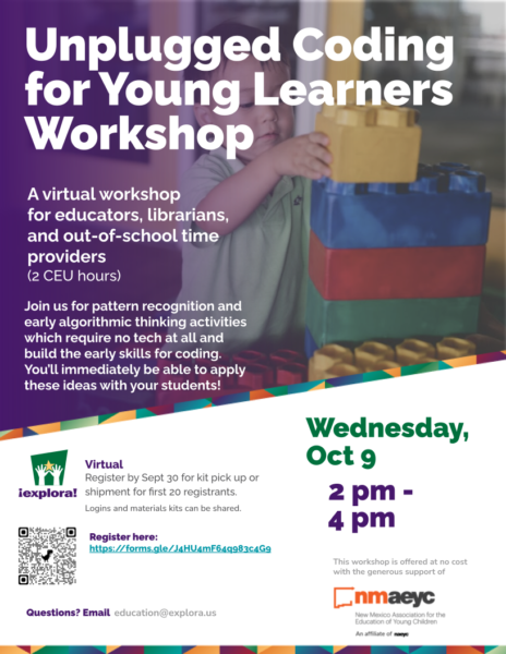 A virtual workshop for educators, librarians and out-of-school time providers. Join us for pattern recognition and early algorithmic thinking activities which require no tech at all and build the early skills for coding. You’ll immediately be able to apply these ideas with your students!