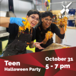 Two teens in dark aprons smiling and holding handfuls of pumpkin guts in a workshop-like setting, preparing for Halloween activities. The text on the image reads 'Teen Halloween Party, October 31, 5-7 pm' with the X Studio logo in the corner."